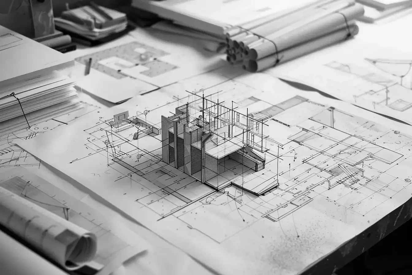 Pranchas de projeto e detalhamento técnico sobre a mesa de planejamento